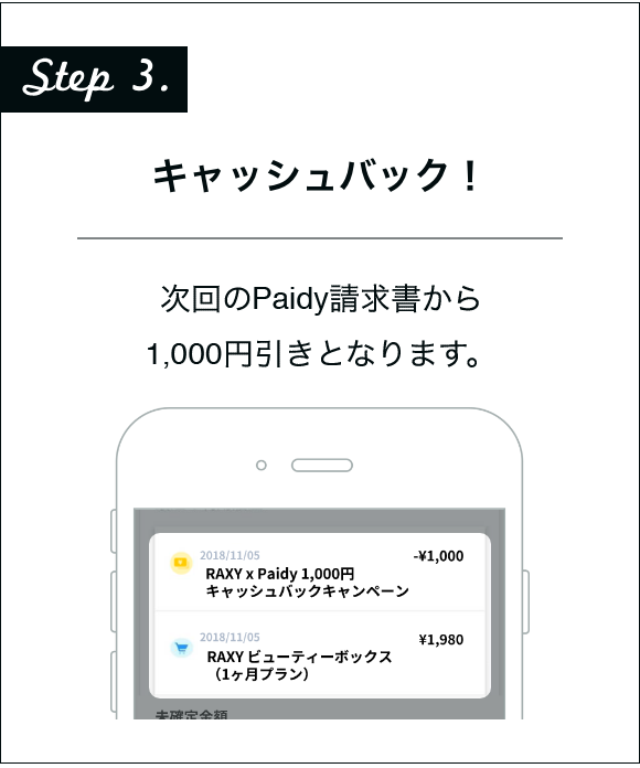 Step3. キャッシュバック！ | 次回のPaidy請求書から1,000円引きとなります。